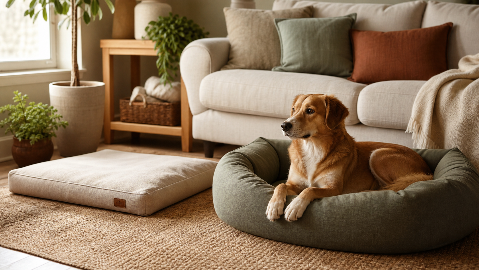 Calm dog resting in a sage bolstered bed with a flat dog bed nearby in a cozy living room