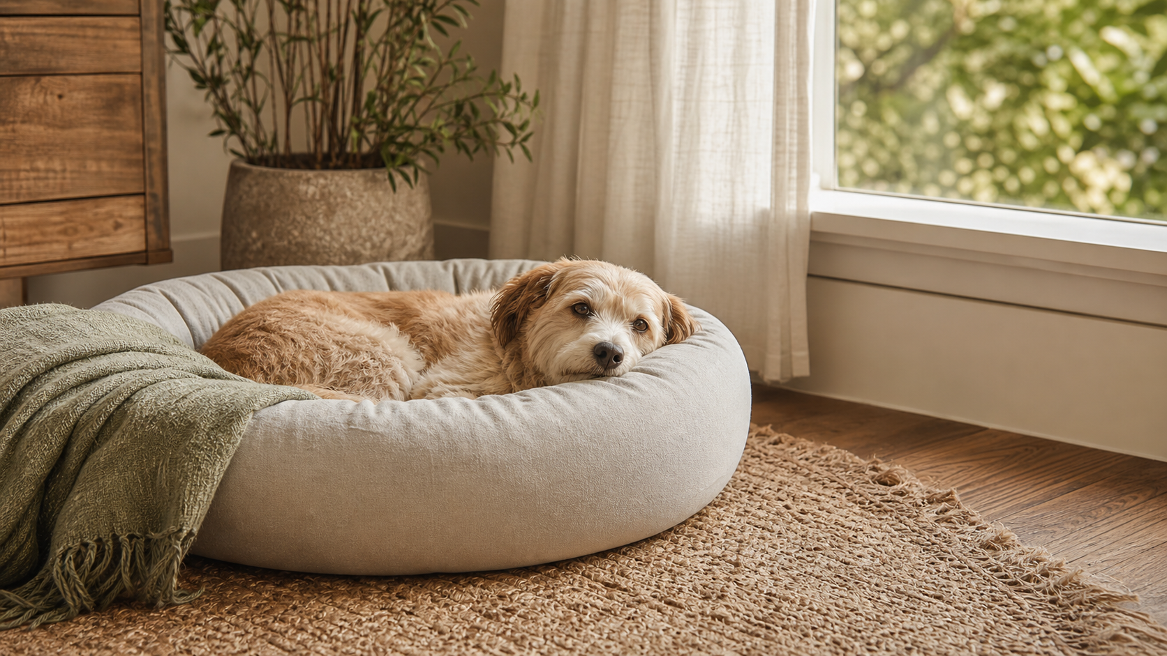 Relaxed small dog curled in a soft neutral donut dog bed beside a sunny window