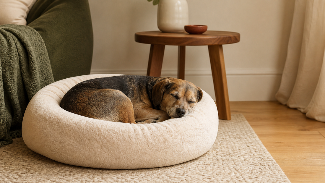 Small dog curled in a soft cream donut bed in a calm sage living room