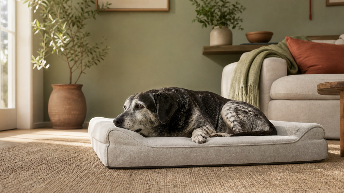 Senior dog resting on a supportive low-profile dog bed in a warm sage living room