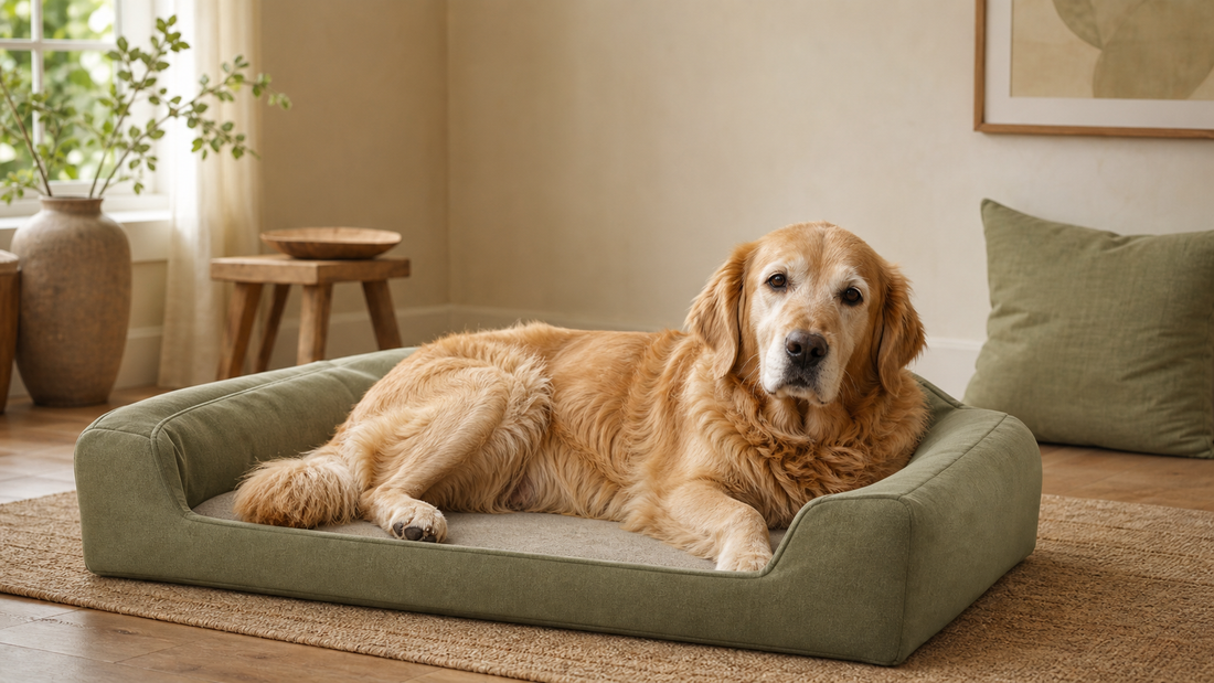 Large senior dog resting on a supportive low-entry bed in a warm home
