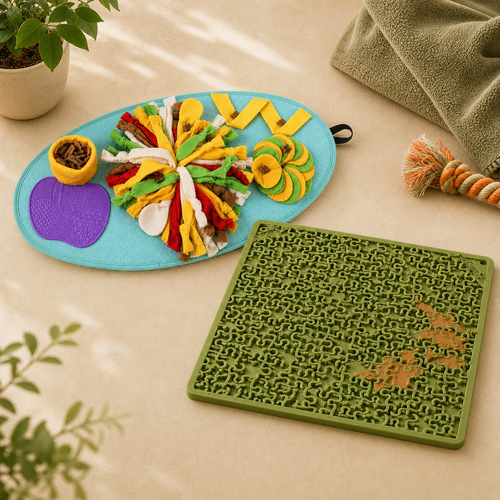 Busy Brain Duo with mint roll-up snuffle mat and green SodaPup Jigsaw lick mat