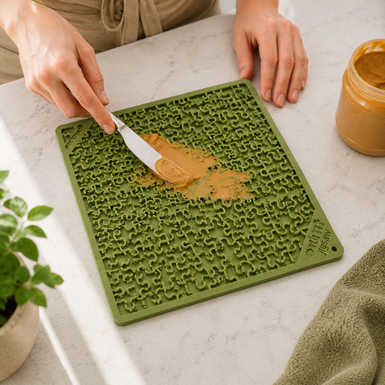 Dog parent spreading dog-safe soft food across the green Jigsaw lick mat