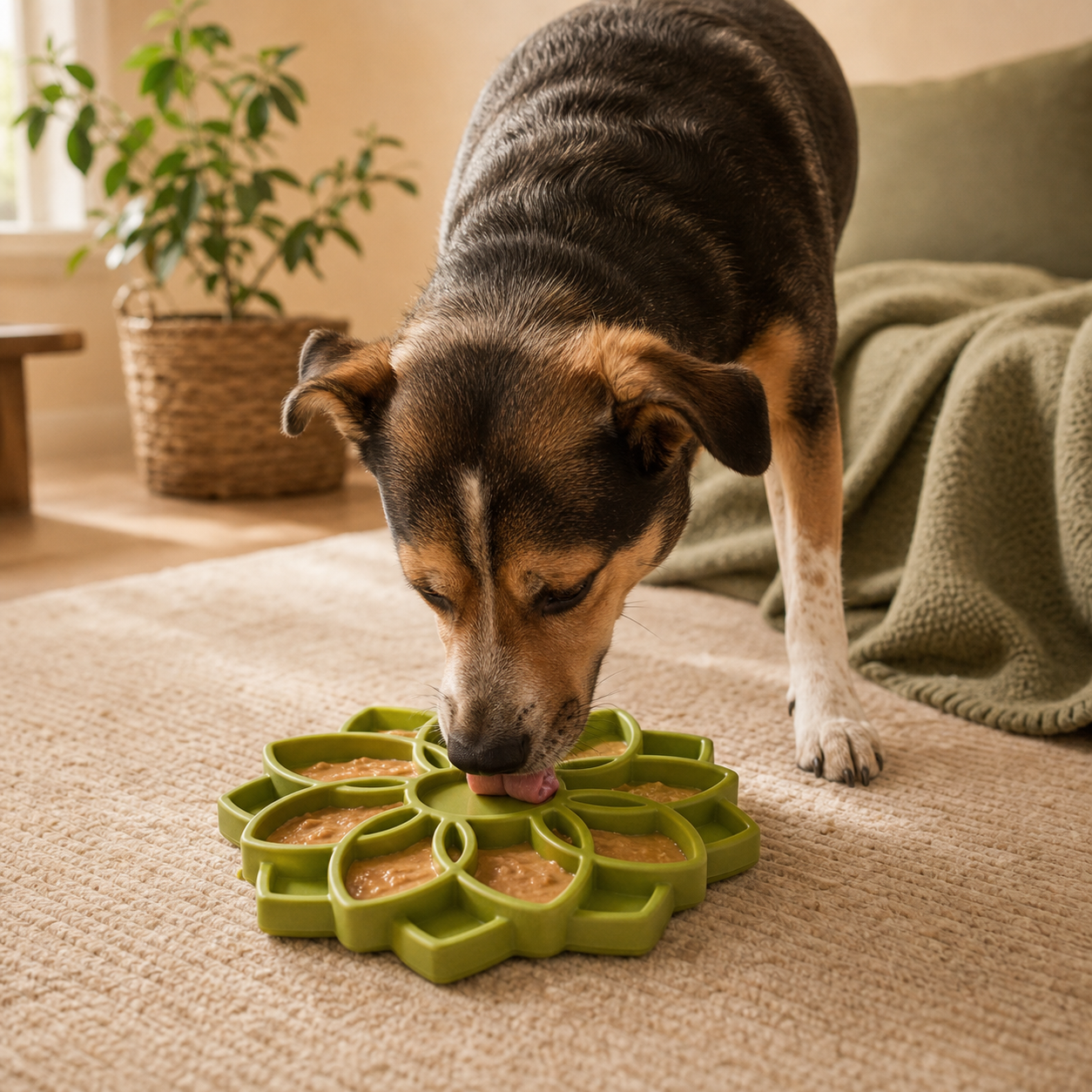 Green mandala enrichment lick mat slow feeder tray for dogs in a calm home setting