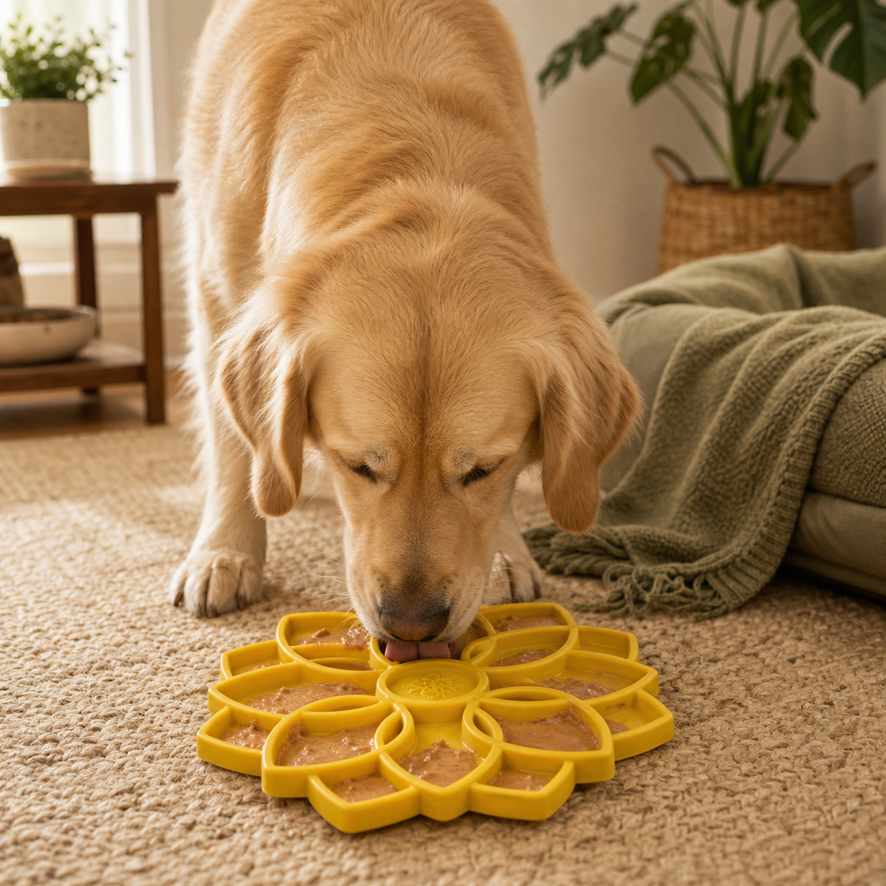 Yellow mandala enrichment lick mat slow feeder tray for dogs in a calm home setting