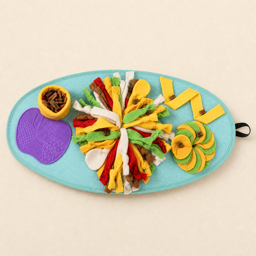 Mint roll-up snuffle mat for dogs with multicolor foraging zones