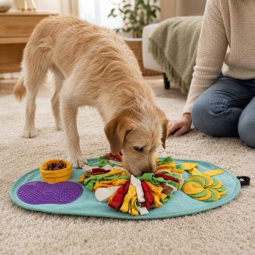 Dog using a mint snuffle mat in a warm living room