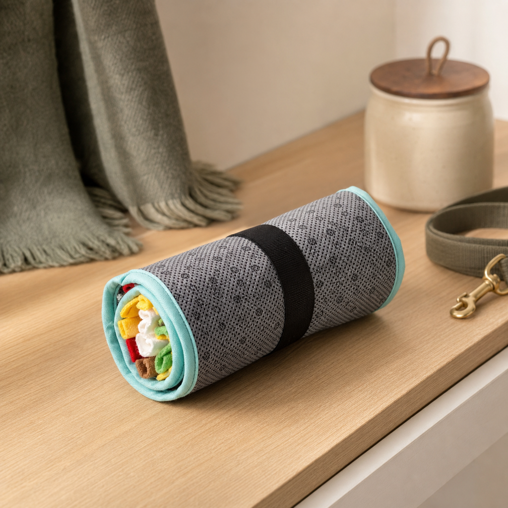 Snuffle mat rolled and secured with its storage strap
