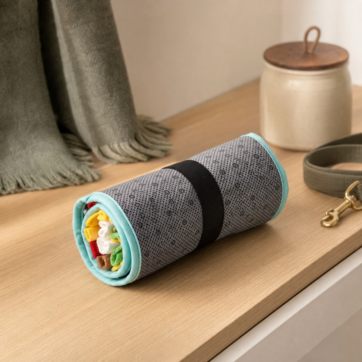 Snuffle mat rolled and secured with its storage strap