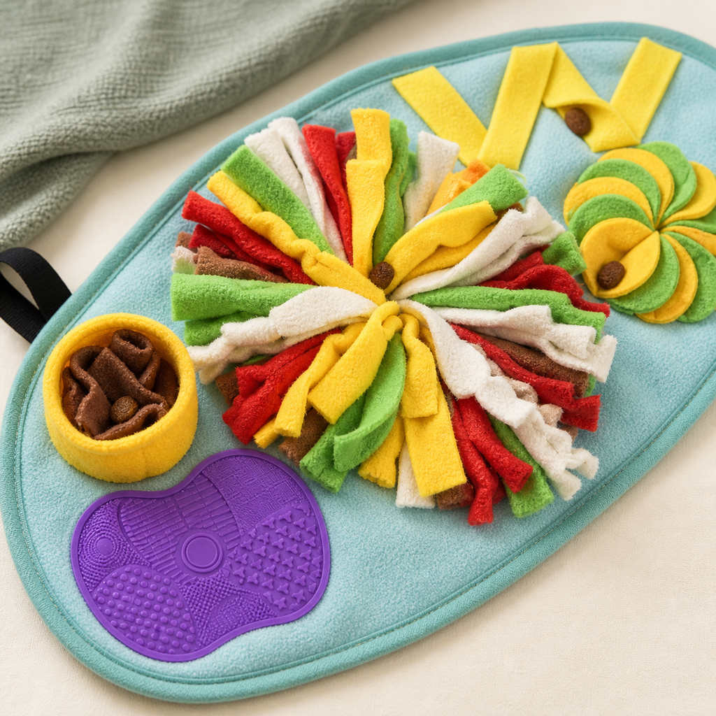Close-up of layered fleece and fabric snuffle mat textures
