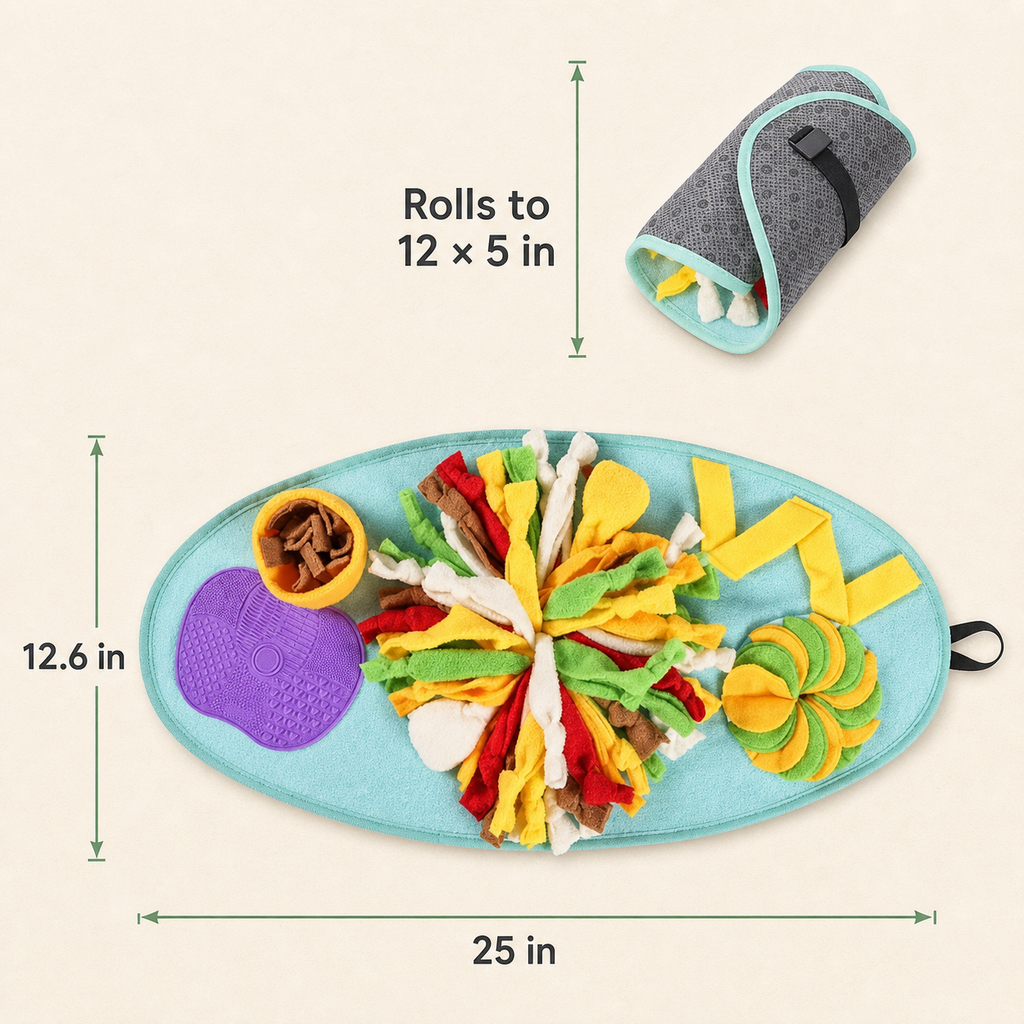 Snuffle mat dimensions showing 25 by 12.6 inches open